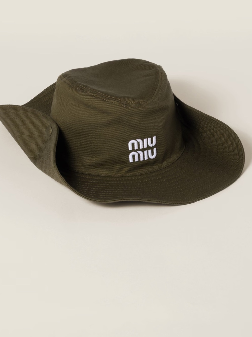 Miu Miu Olive Green Embroidered Logo Wide-Brim Hat